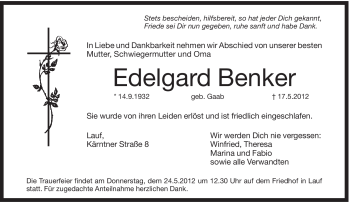 Traueranzeige von Edelgard Benker von Pegnitz-Zeitung